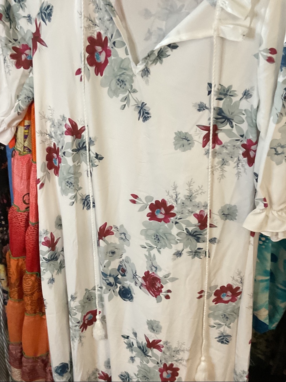 Floral Tie-Front White Midi Dress with Red & Blue Blooms